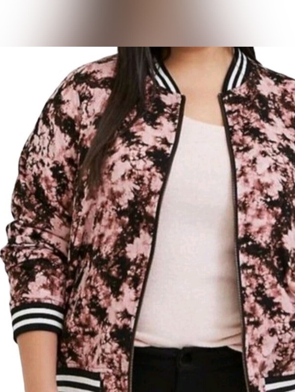 TORRID Pink & Black Tie-Dye Bomber Jacket with Stripe Trim 1X (14-16) NWT
